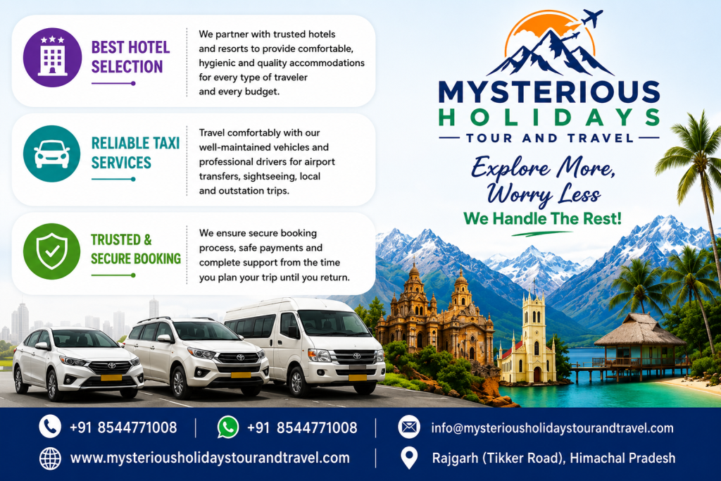Mysterious Holidays Tour and Travel promotional banner with Himachal tour packages, hotel booking and taxi services