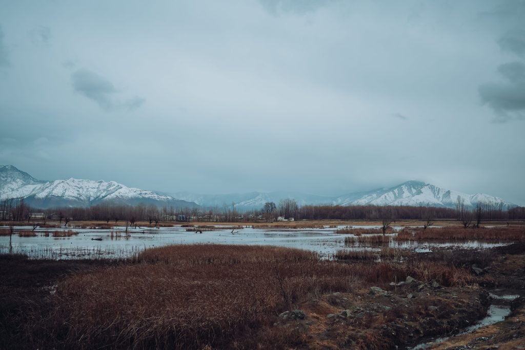 Captivating winter scene of mountains and wetlands in Kashmir, perfect for nature enthusiasts.