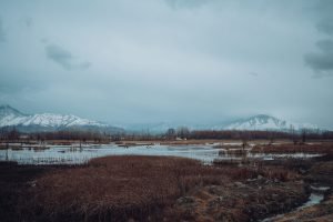 Captivating winter scene of mountains and wetlands in Kashmir, perfect for nature enthusiasts.